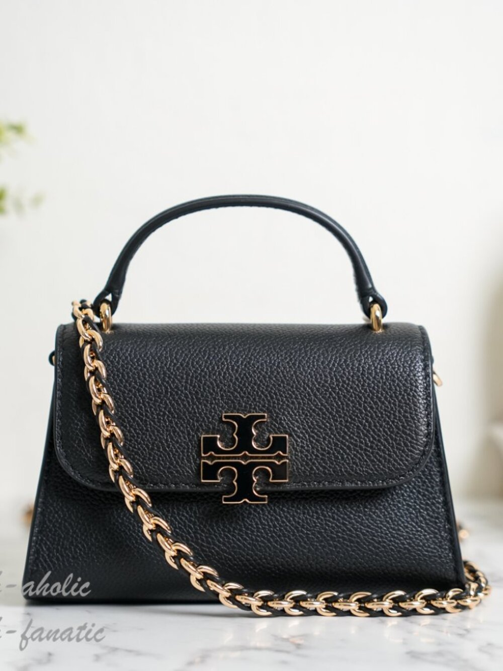 Tory Burch Black Leather Top-Handle Crossbody with Gold Chain
